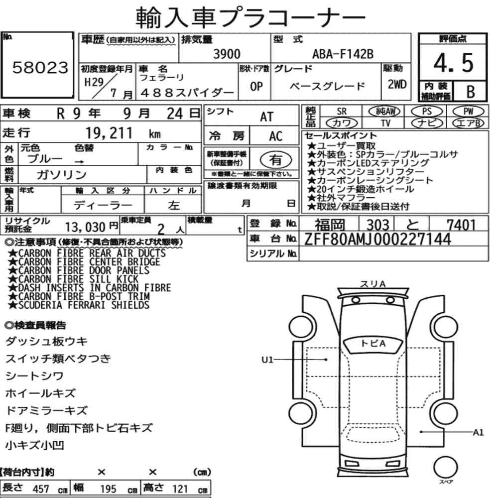 Arkusz aukcyjny — 2017 Ferrari 488 Spider Base Grade