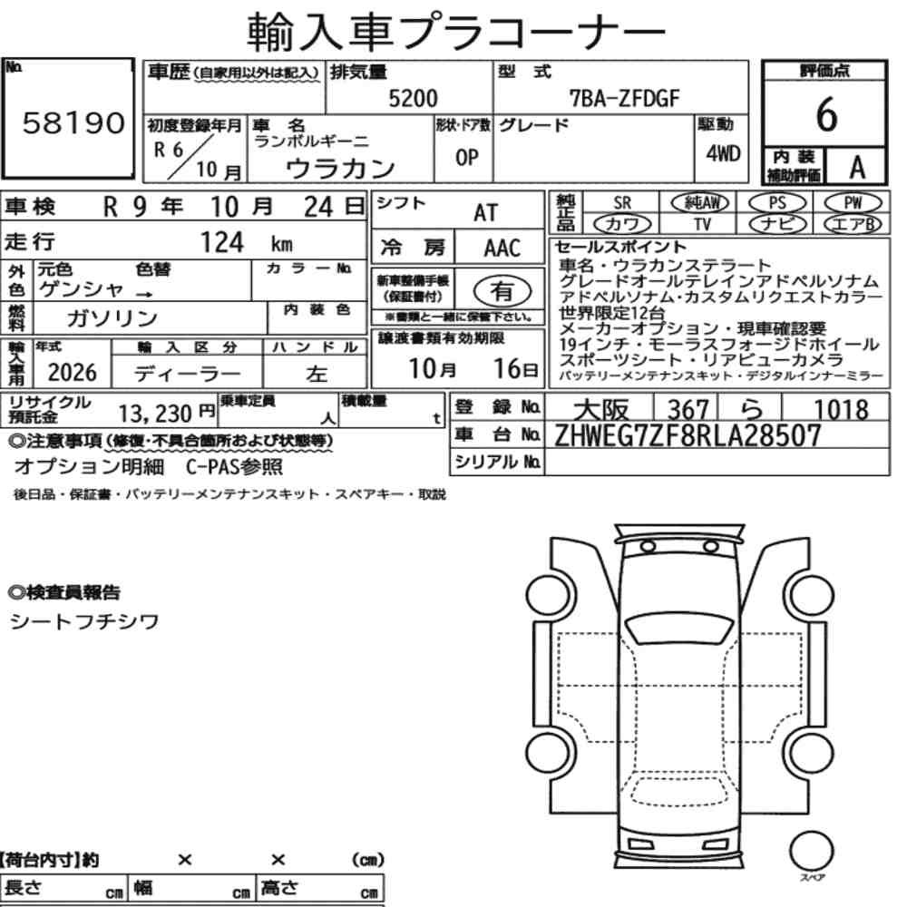 Arkusz aukcyjny — 2024 Lamborghini Huracan Op 4WD