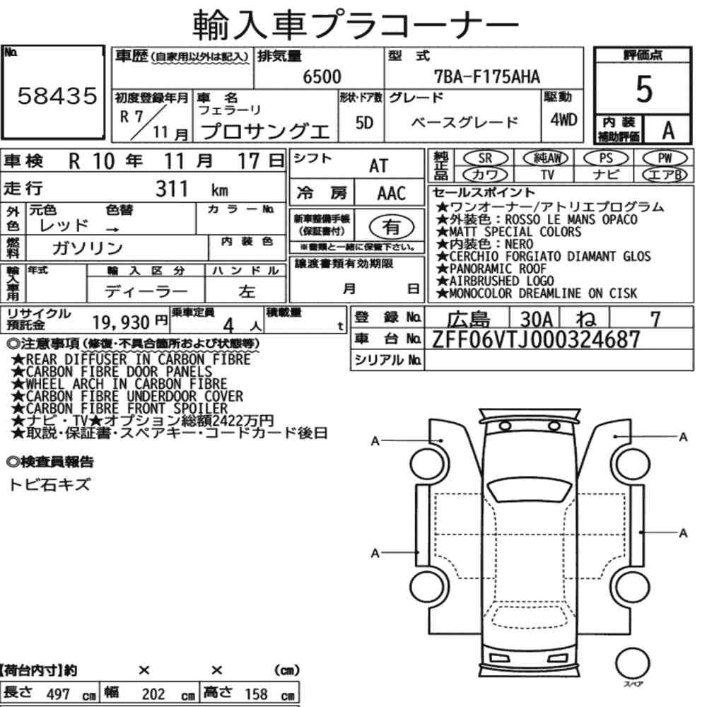 Arkusz aukcyjny — 2025 Ferrari Purosangue 4WD Base Grade
