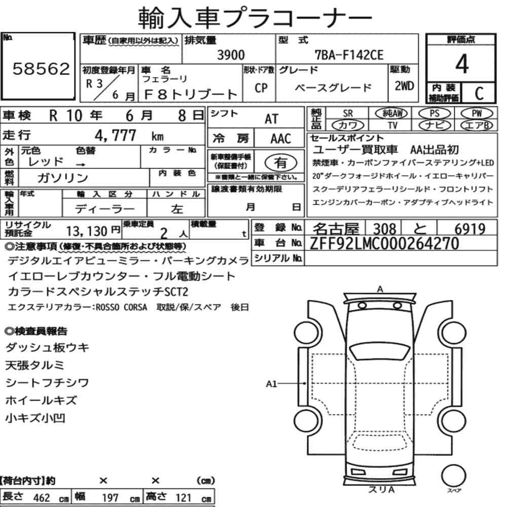 Arkusz aukcyjny — 2021 Ferrari F8 Tributo Base Grade