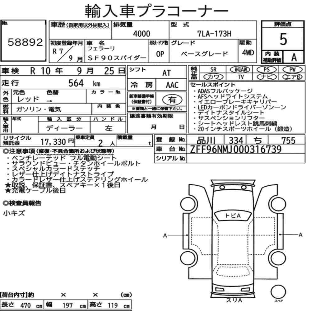 Arkusz aukcyjny — 2025 Ferrari SF90 Spider 4WD Base Grade