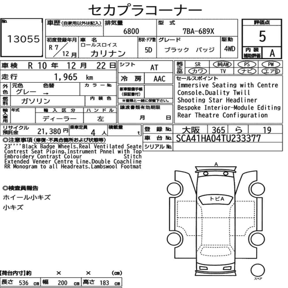 Arkusz aukcyjny — 2025 Rolls-Royce Cullinan 4WD Black Badge