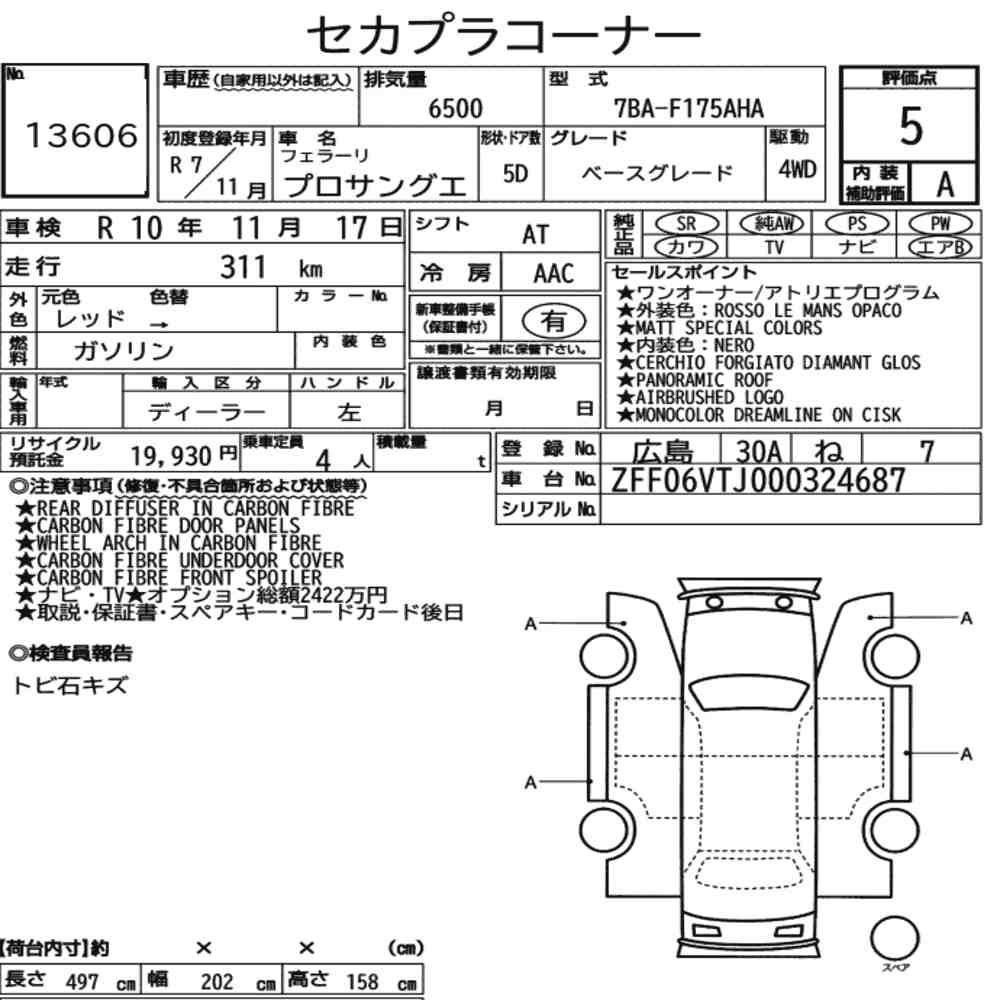 Arkusz aukcyjny — 2025 Ferrari Purosangue 4WD Base Grade