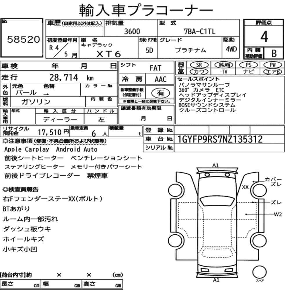 Arkusz aukcyjny — 2022 Cadillac XT6 4WD Platinum
