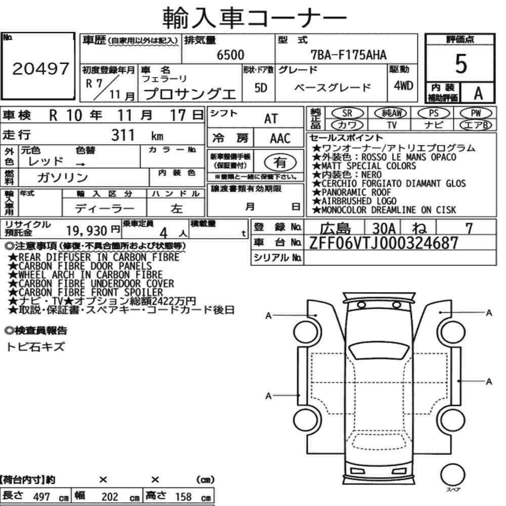Arkusz aukcyjny — 2025 Ferrari Purosangue 4WD Base Grade