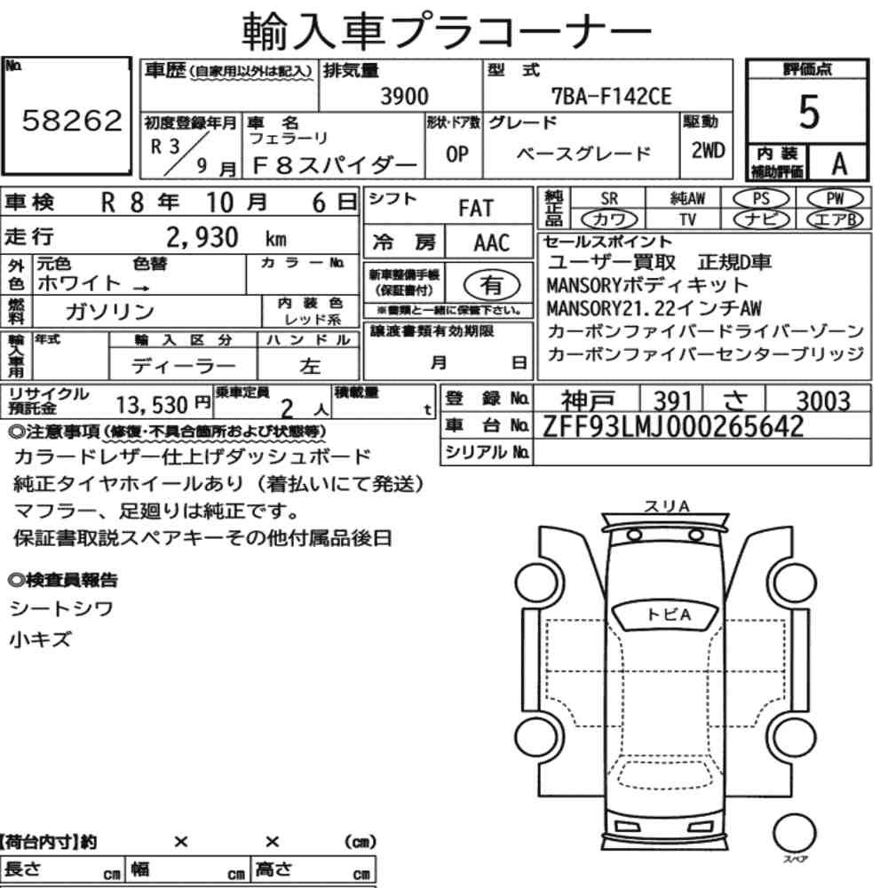 Arkusz aukcyjny — 2021 Ferrari F8 Spider Base Grade