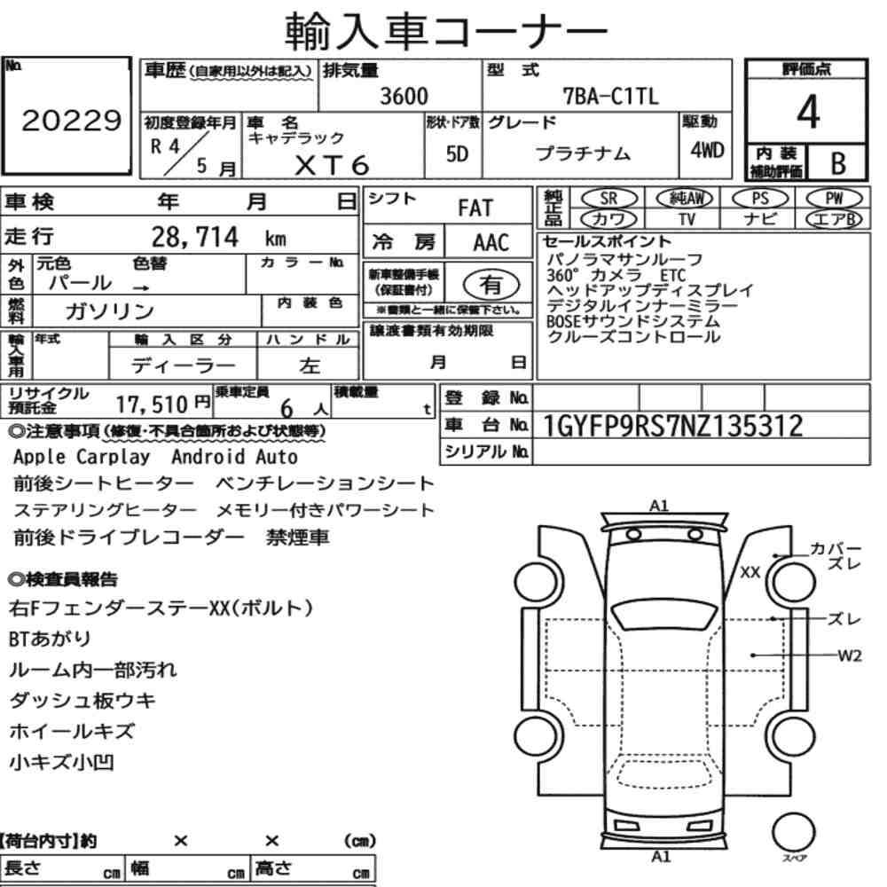 Arkusz aukcyjny — 2022 Cadillac XT6 4WD Platinum