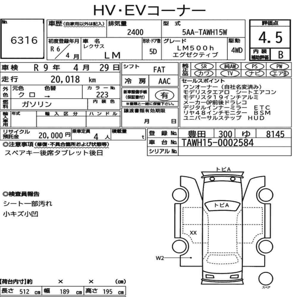 Arkusz aukcyjny — 2024 Lexus LM 4WD LM500H Executive