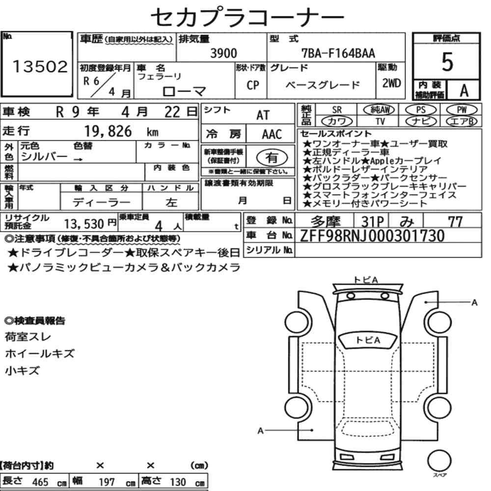 Arkusz aukcyjny — 2024 Ferrari Roma CP Base Grade