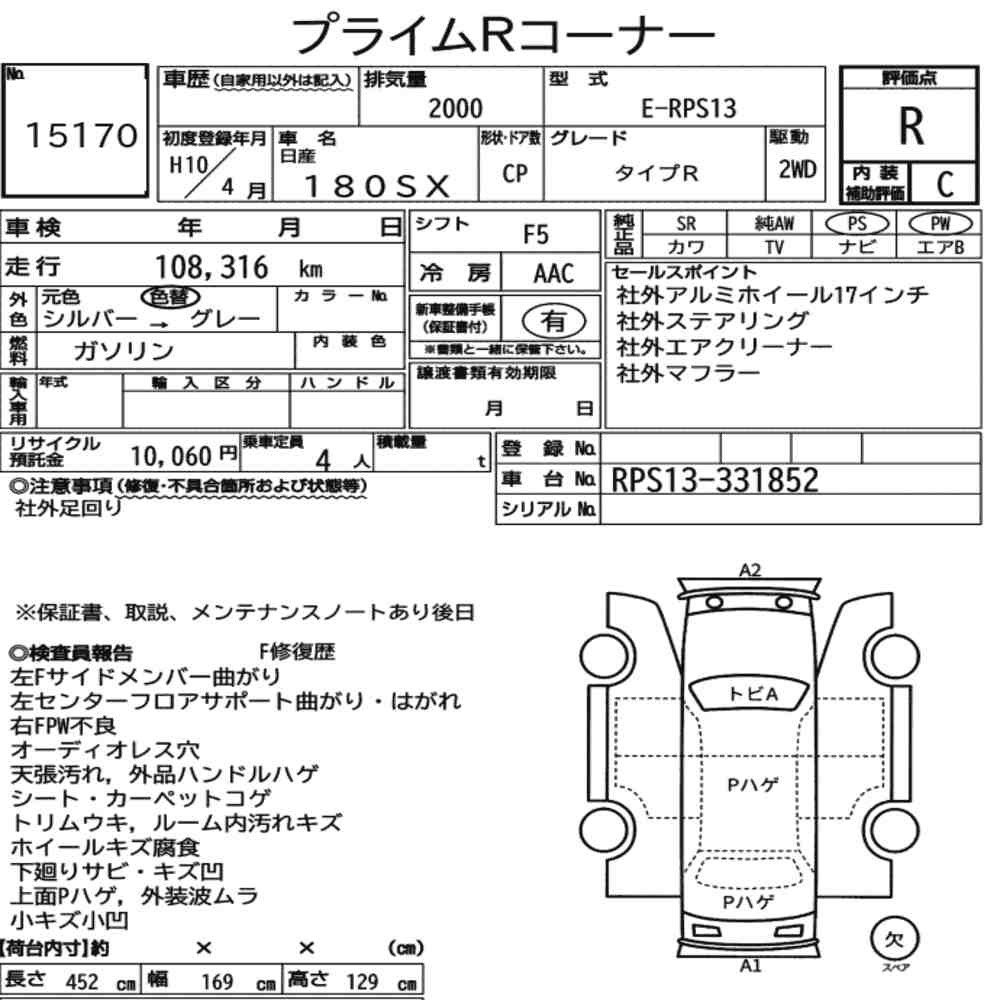 Arkusz aukcyjny — 1998 Nissan 180SX Type R