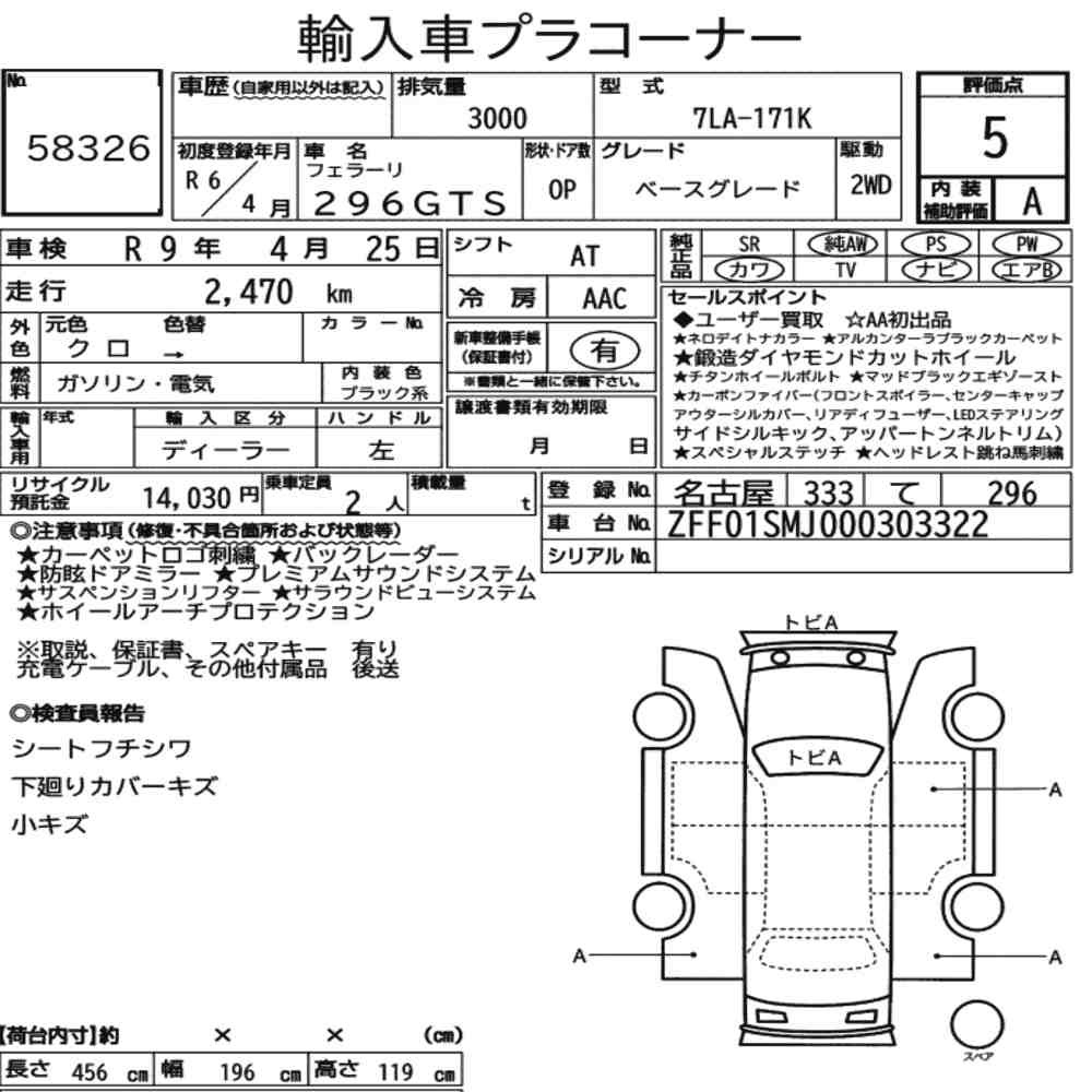 Arkusz aukcyjny — 2024 Ferrari 296GTS Base Grade
