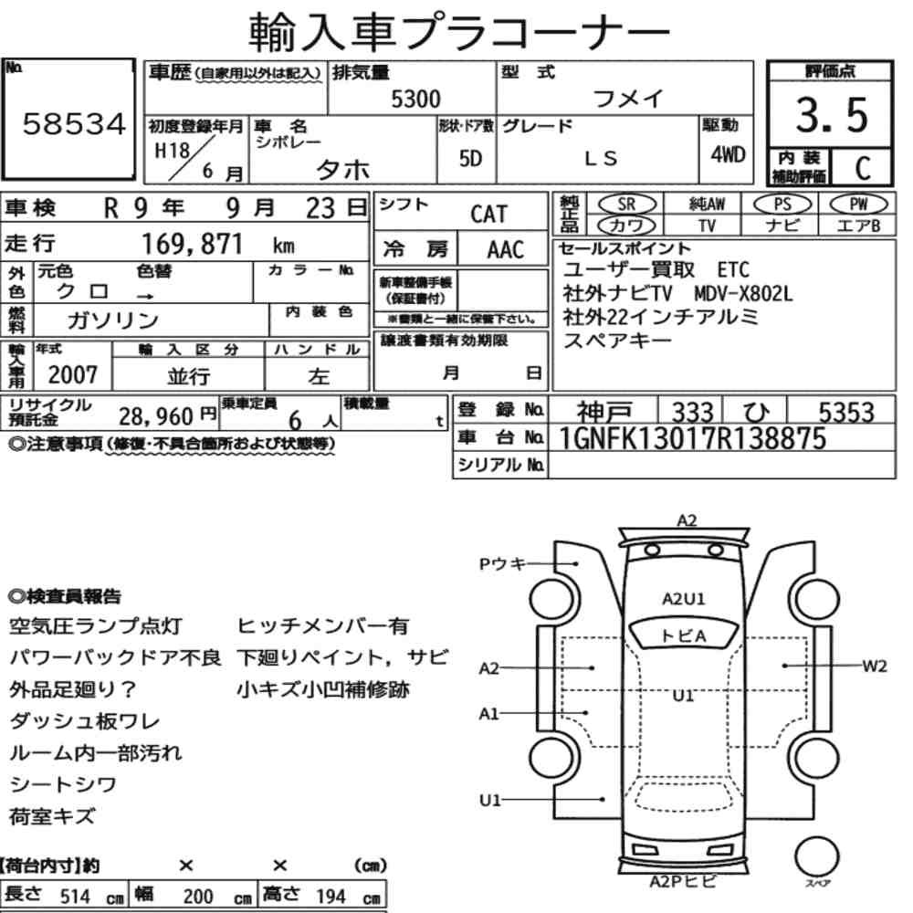 Arkusz aukcyjny — 2006 Chevrolet Tahoe 5D 4WD LS