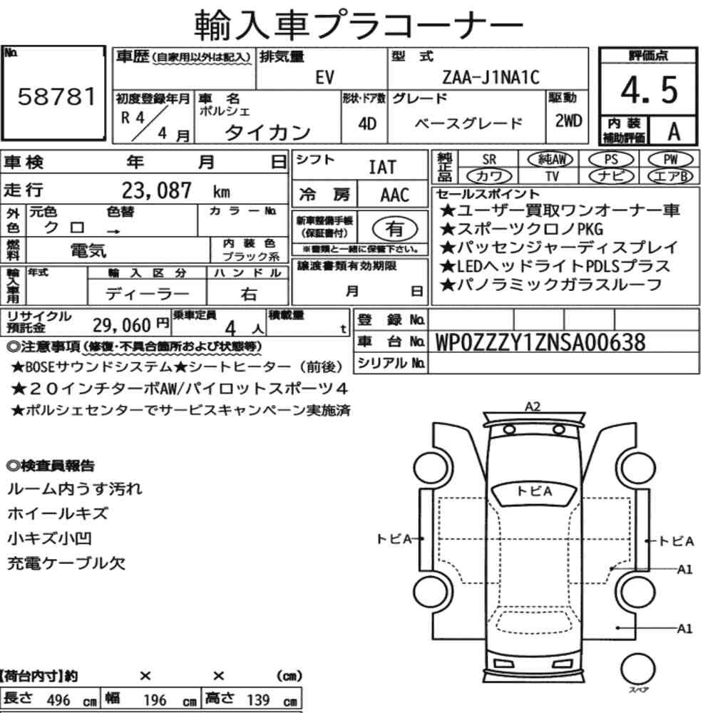 Arkusz aukcyjny — 2022 Porsche Taycan 4D Base Grade