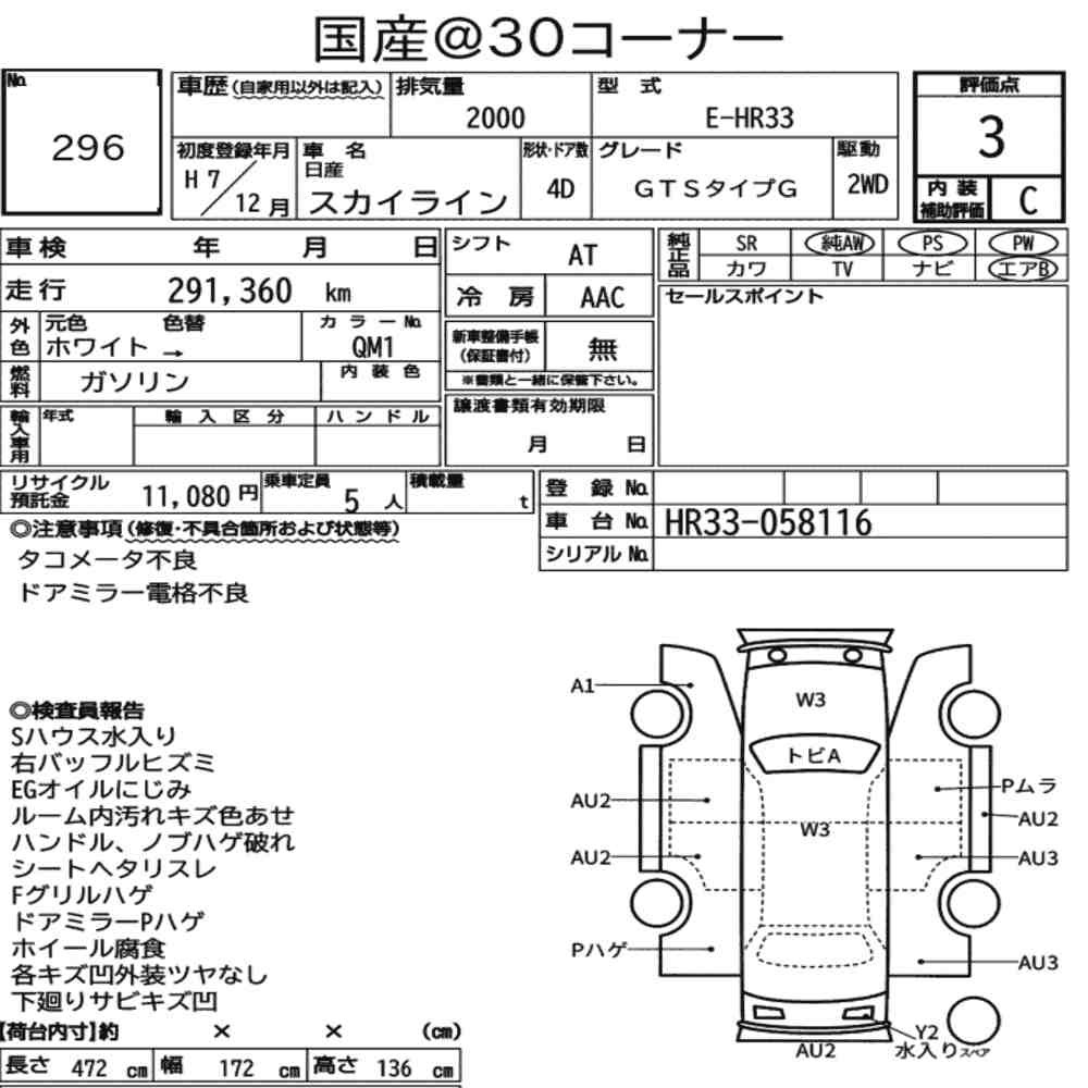 Auction sheet — 1995 Nissan Skyline 4D GTS Type G