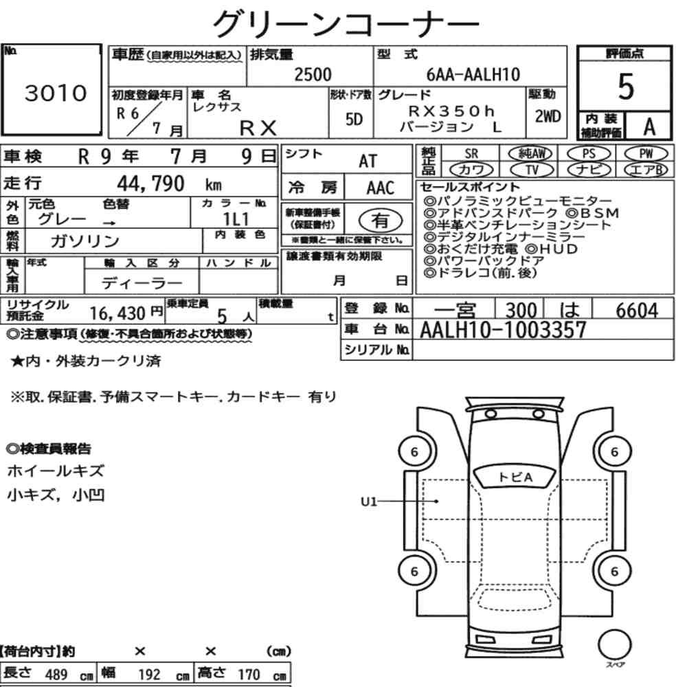 Arkusz aukcyjny — 2024 Lexus RX RX350H Version L
