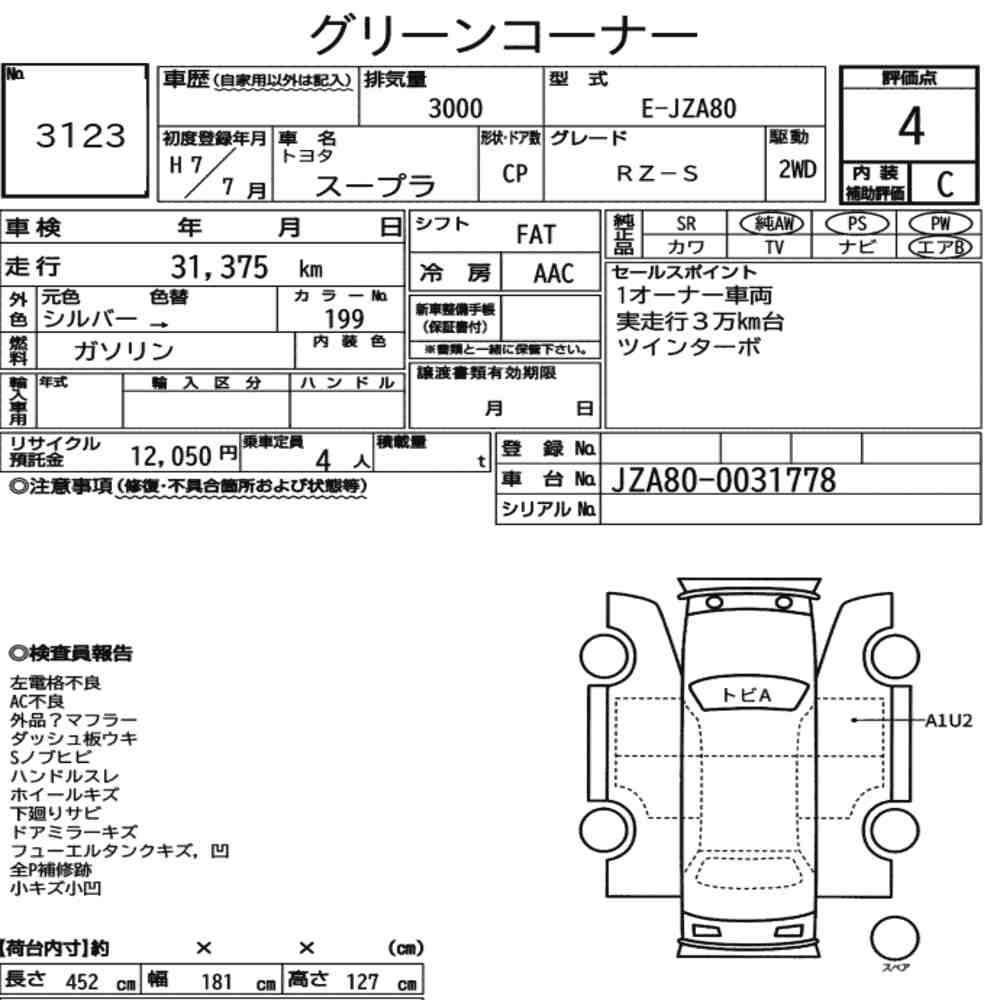 Arkusz aukcyjny — 1995 Toyota Supra RZ-S