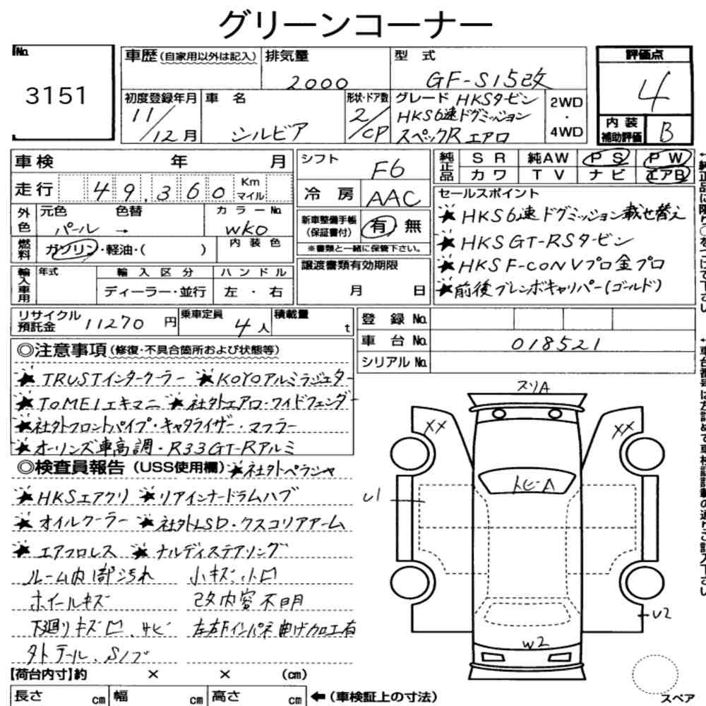 Arkusz aukcyjny — 1999 Nissan Silvia CP Spec.r Aero