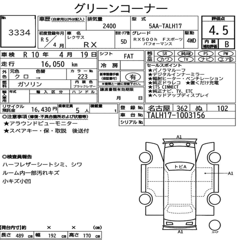 Arkusz aukcyjny — 2023 Lexus RX 4WD RX500H F Sport Performance