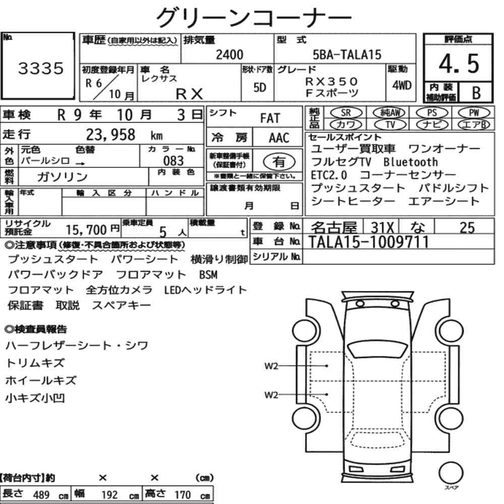 Arkusz aukcyjny — 2024 Lexus RX 4WD F Sport