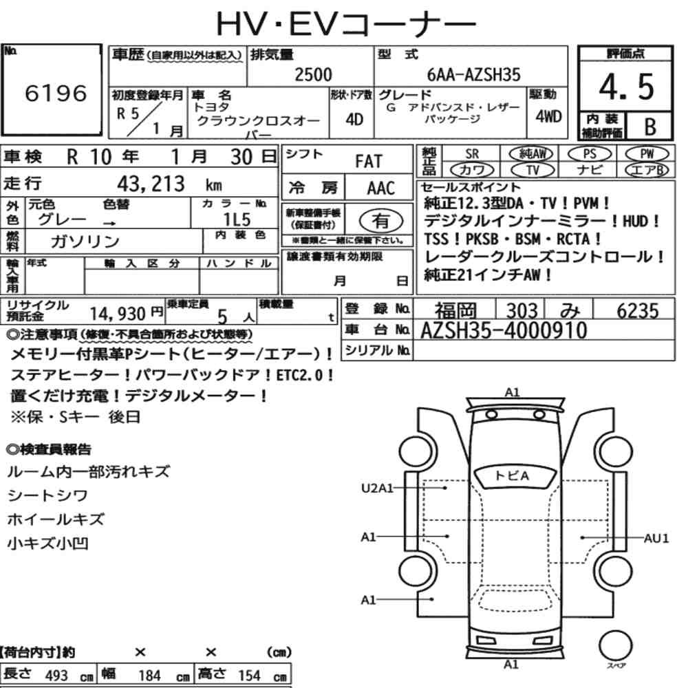 Arkusz aukcyjny — 2023 Toyota Crown Crossover 4WD G Advanced･leather Package