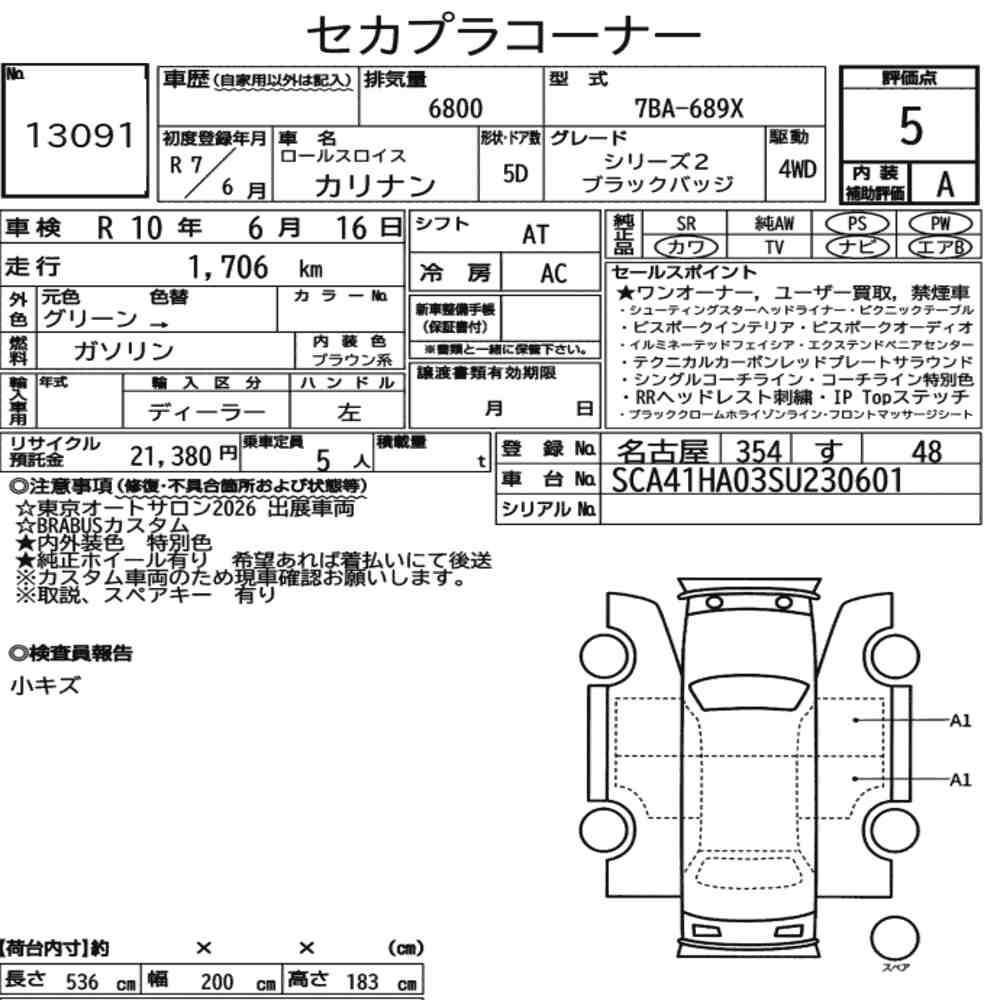 Arkusz aukcyjny — 2025 Rolls-Royce Cullinan 4WD