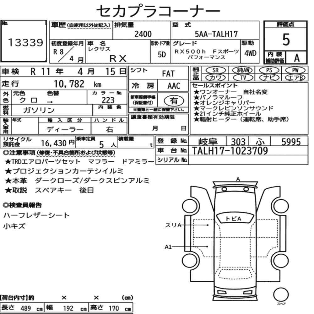 Arkusz aukcyjny — 2026 Lexus RX 4WD RX500H F Sport Performance