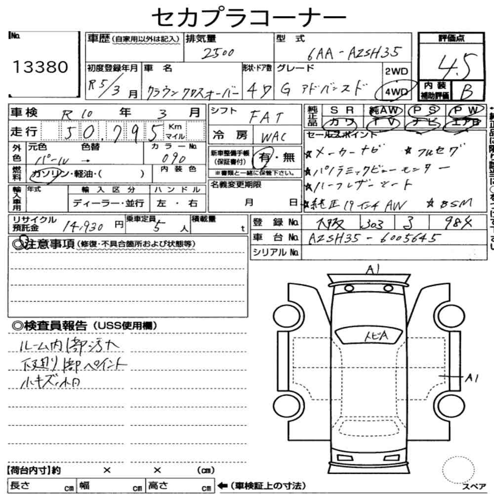 Arkusz aukcyjny — 2023 Toyota Crown Crossover 4WD G Advanced