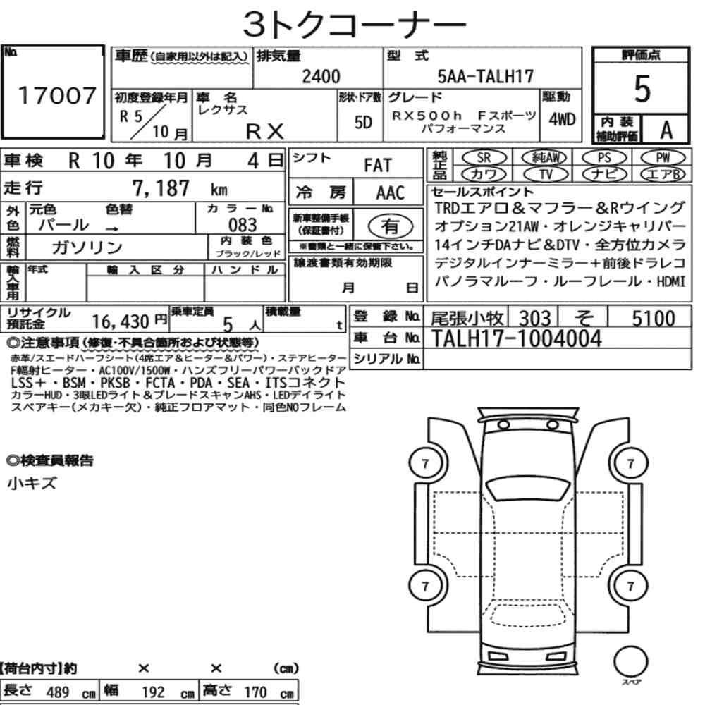 Arkusz aukcyjny — 2023 Lexus RX 4WD RX500H F Sport Performance