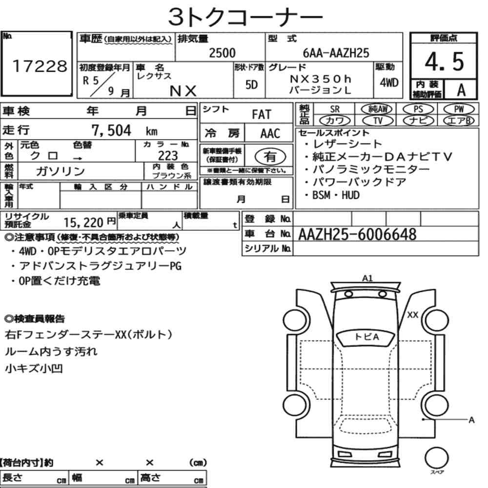 Arkusz aukcyjny — 2023 Lexus NX 4WD NX350H Version L