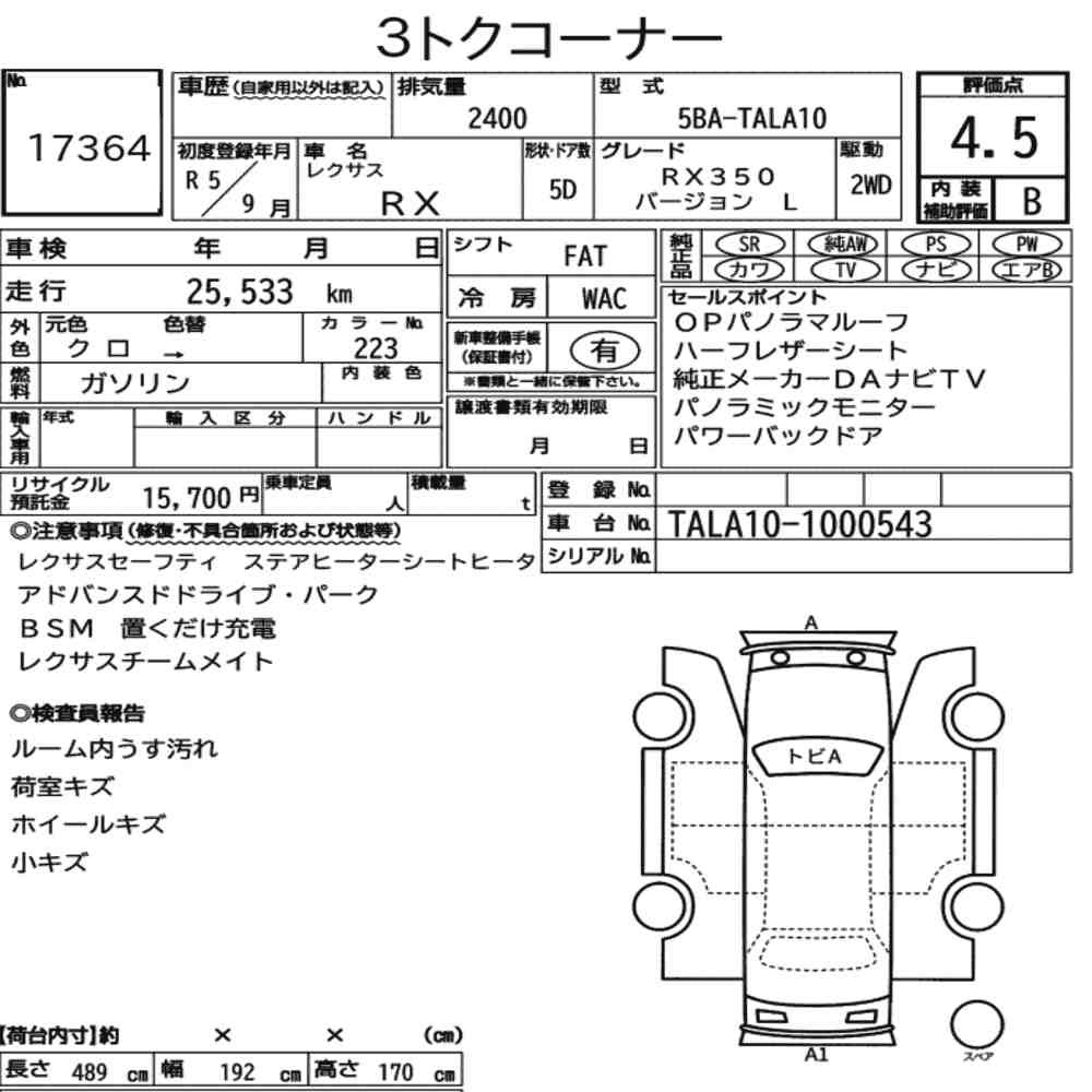 Arkusz aukcyjny — 2023 Lexus RX RX350 Version L