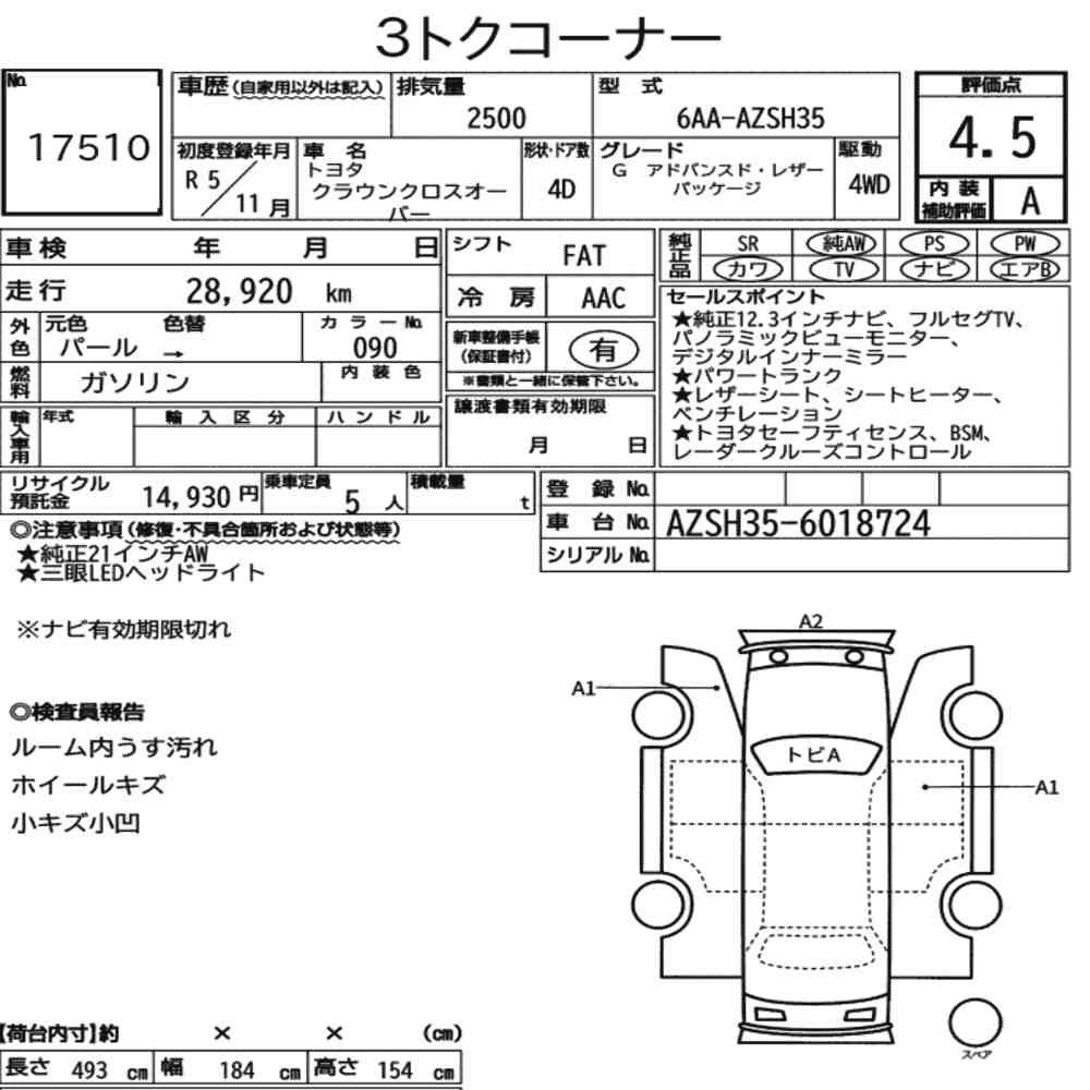 Arkusz aukcyjny — 2023 Toyota Crown Crossover 4WD G Advanced･leather Package