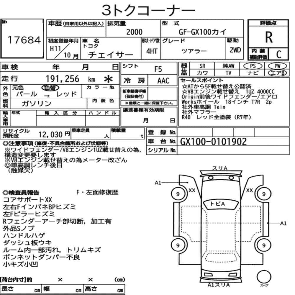 Arkusz aukcyjny — 1999 Toyota Chaser Tourer