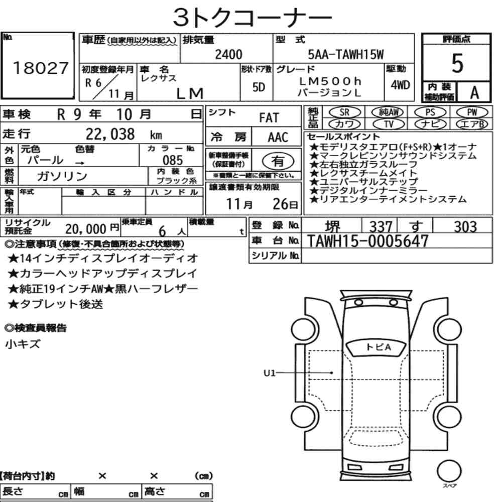 Arkusz aukcyjny — 2024 Lexus LM 4WD LM500H Version L