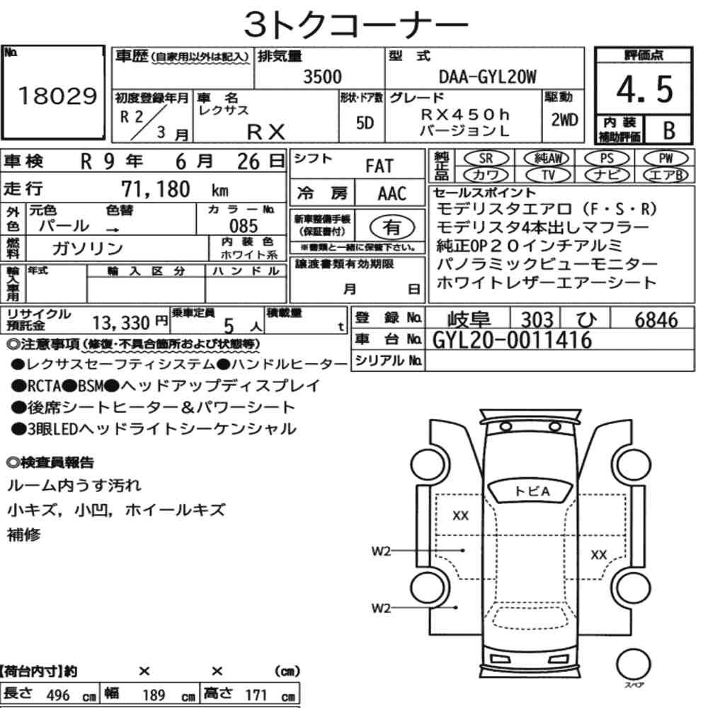 Arkusz aukcyjny — 2020 Lexus RX RX450H Version L
