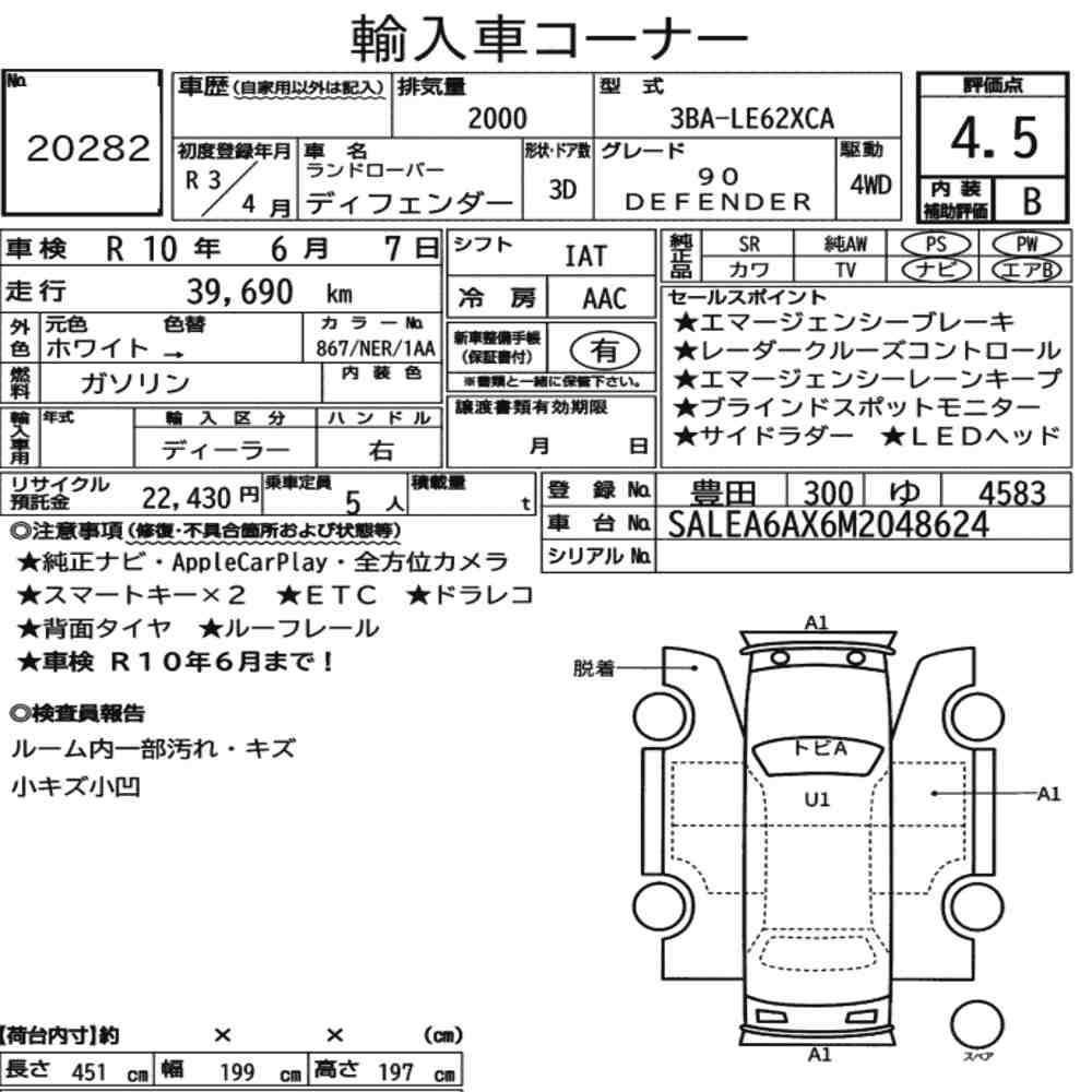 Arkusz aukcyjny — 2021 Land Rover Defender 3D 4WD 90 Defender