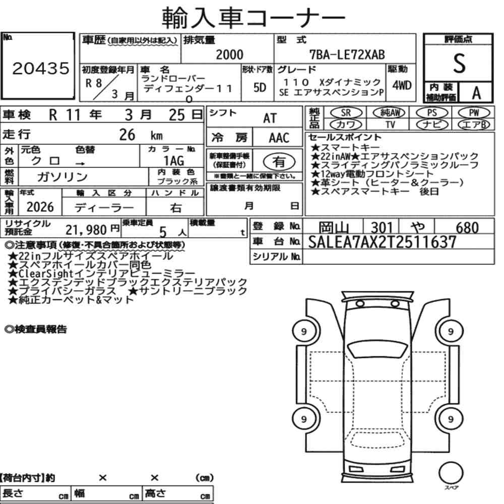 Arkusz aukcyjny — 2026 Land Rover Defender 5D 4WD