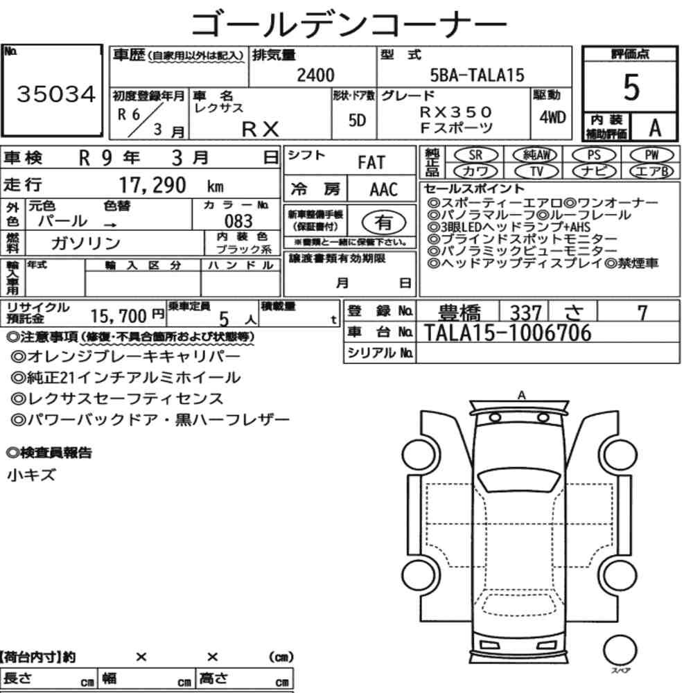 Arkusz aukcyjny — 2024 Lexus RX 4WD F Sport