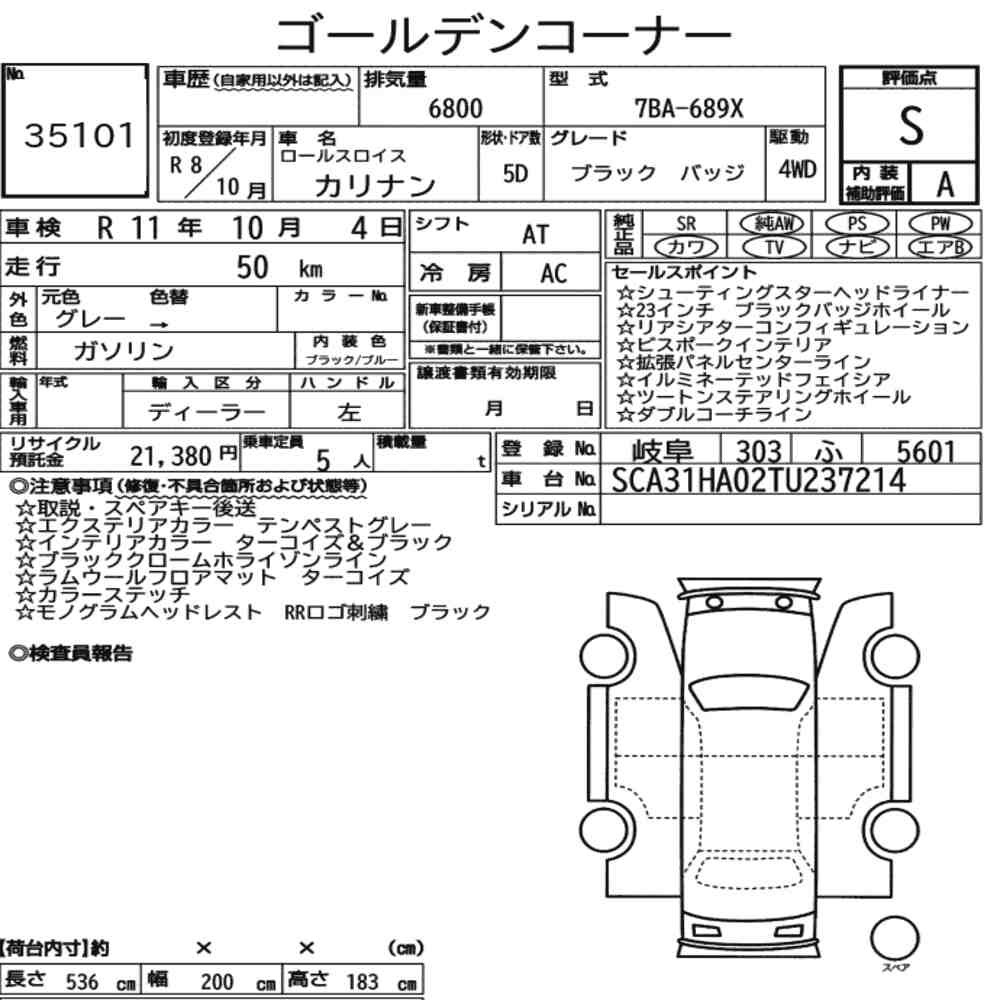 Arkusz aukcyjny — 2026 Rolls-Royce Cullinan 4WD Black Badge