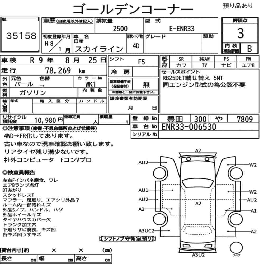 Arkusz aukcyjny — 1996 Nissan Skyline 4D 4WD