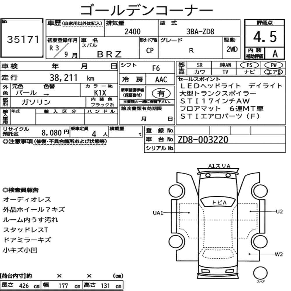 Arkusz aukcyjny — 2021 Subaru BRZ R