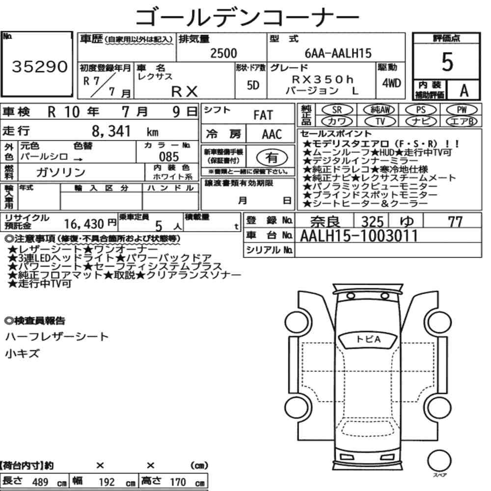 Arkusz aukcyjny — 2025 Lexus RX 4WD RX350H Version L
