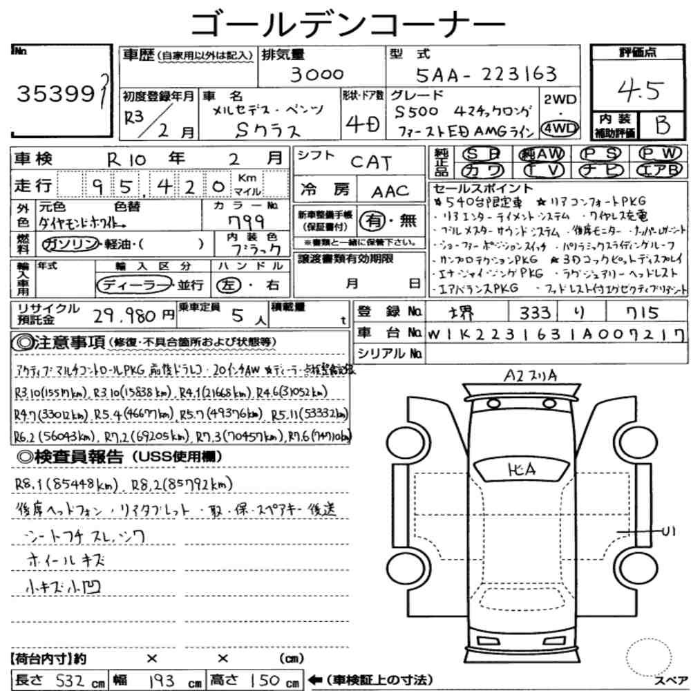 Auction sheet — 2021 Mercedes-Benz S-Class 4D 4WD S500 4MATIC Long First Edition Amg Line