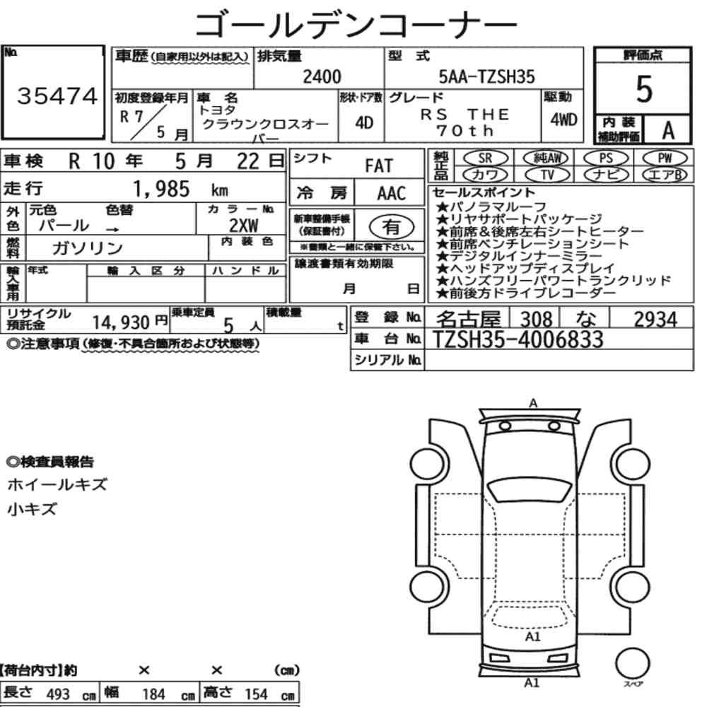 Аукціонний лист — 2025 Toyota Crown Crossover 4WD RS The 70TH