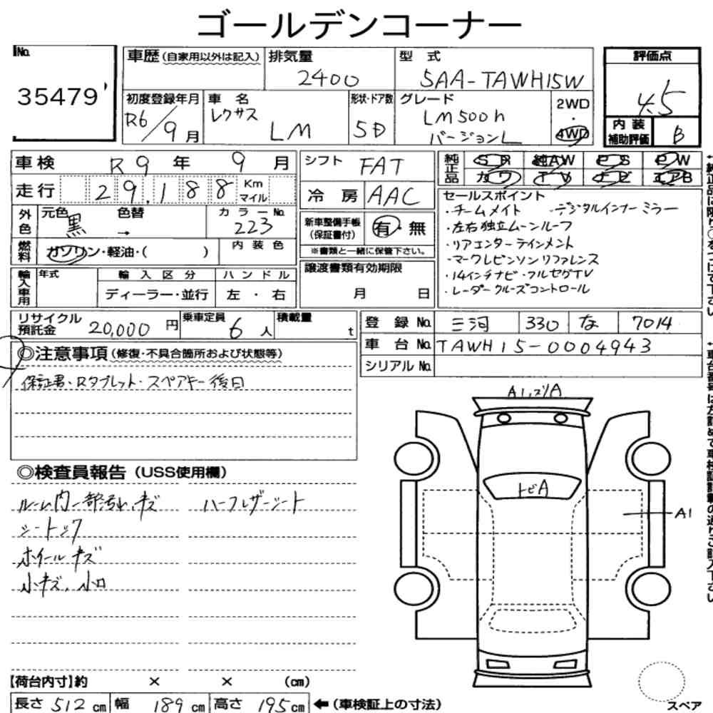 Arkusz aukcyjny — 2024 Lexus LM 4WD LM500H Version L