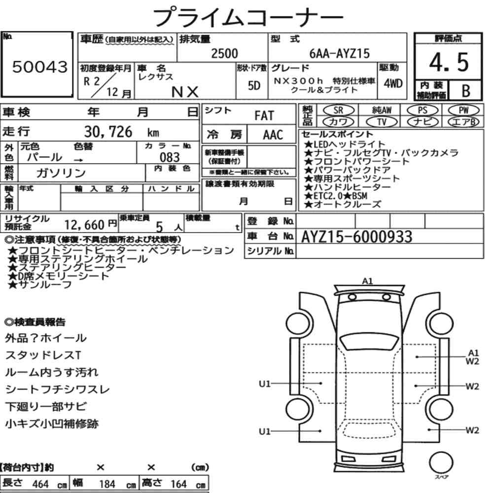 Arkusz aukcyjny — 2020 Lexus NX 4WD NX300H Special Edition Cool And Bright