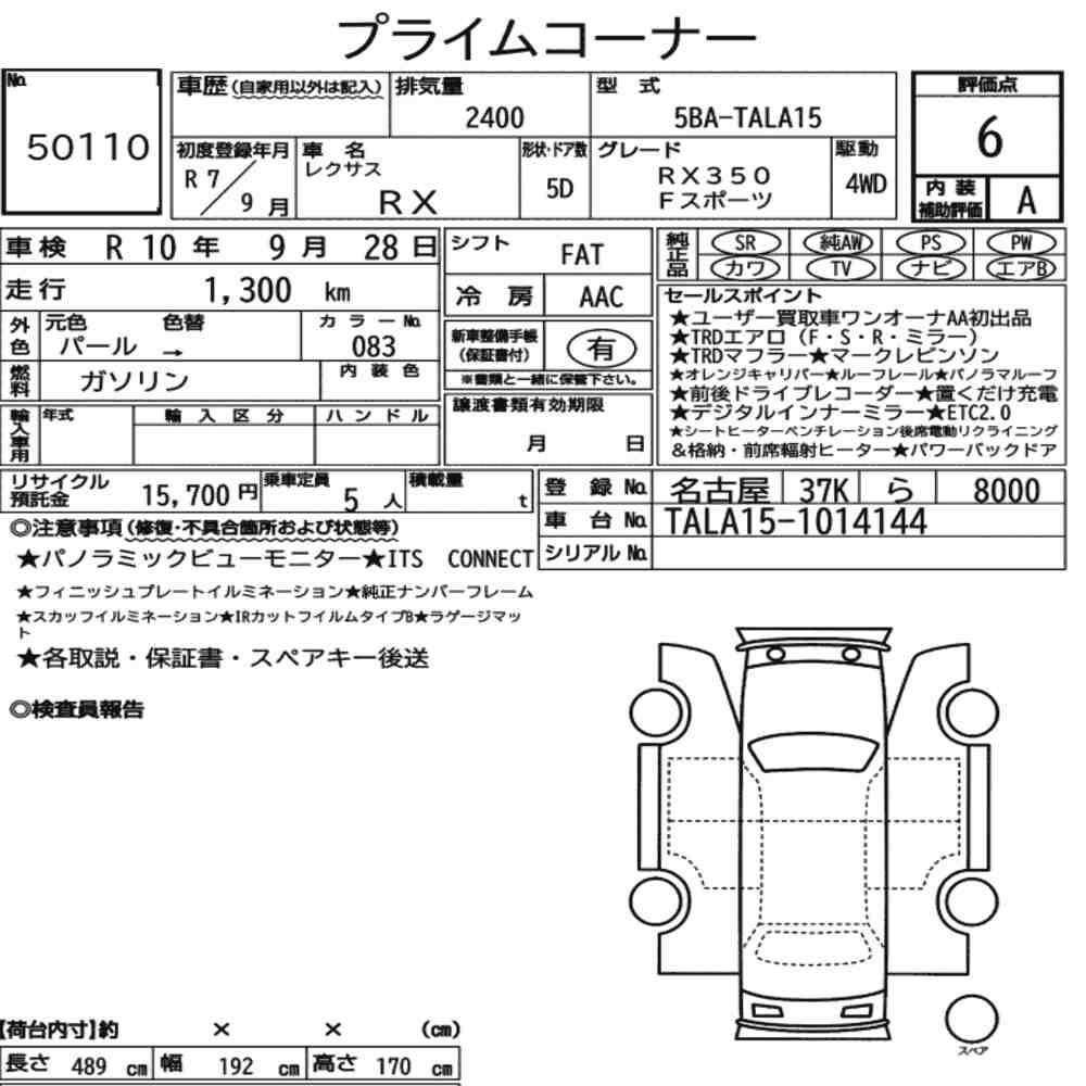 Arkusz aukcyjny — 2025 Lexus RX 4WD F Sport