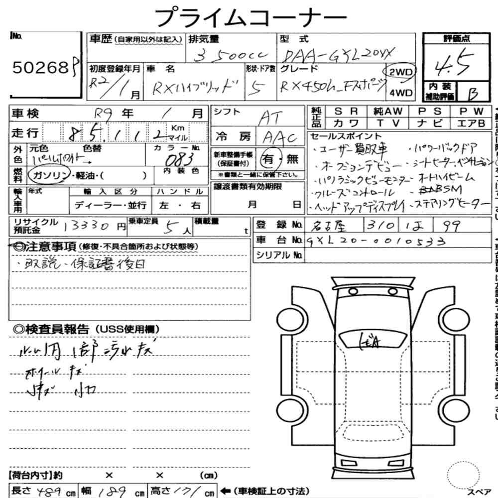 Arkusz aukcyjny — 2020 Lexus RX RX450H F Sport