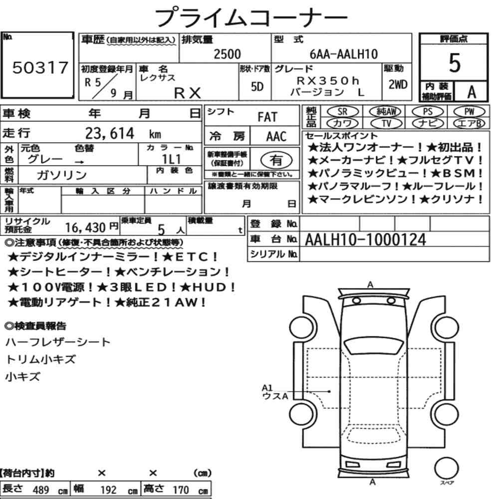 Arkusz aukcyjny — 2023 Lexus RX RX350H Version L