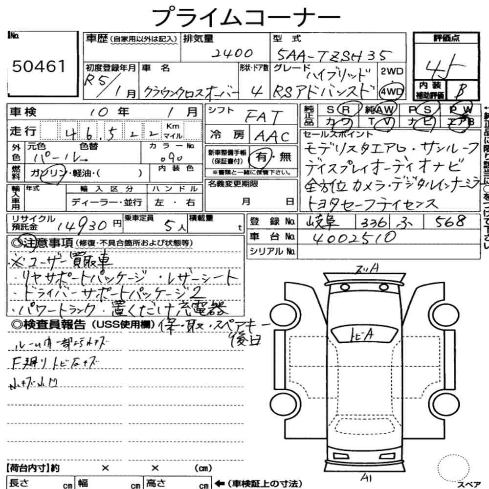 Arkusz aukcyjny — 2023 Toyota Crown Crossover 4WD RS Advanced