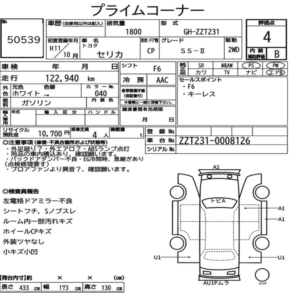 Arkusz aukcyjny — 1999 Toyota Celica CP SS-Ⅱ